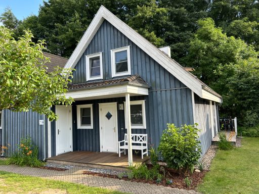 Blaues, zweigeschossiges Holzhaus mit frontalen Fenstern und grünem Garten.