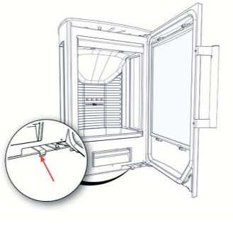 Skizze eines Kühlschranks mit geöffneter Tür und Detailansicht einer Verbindung.